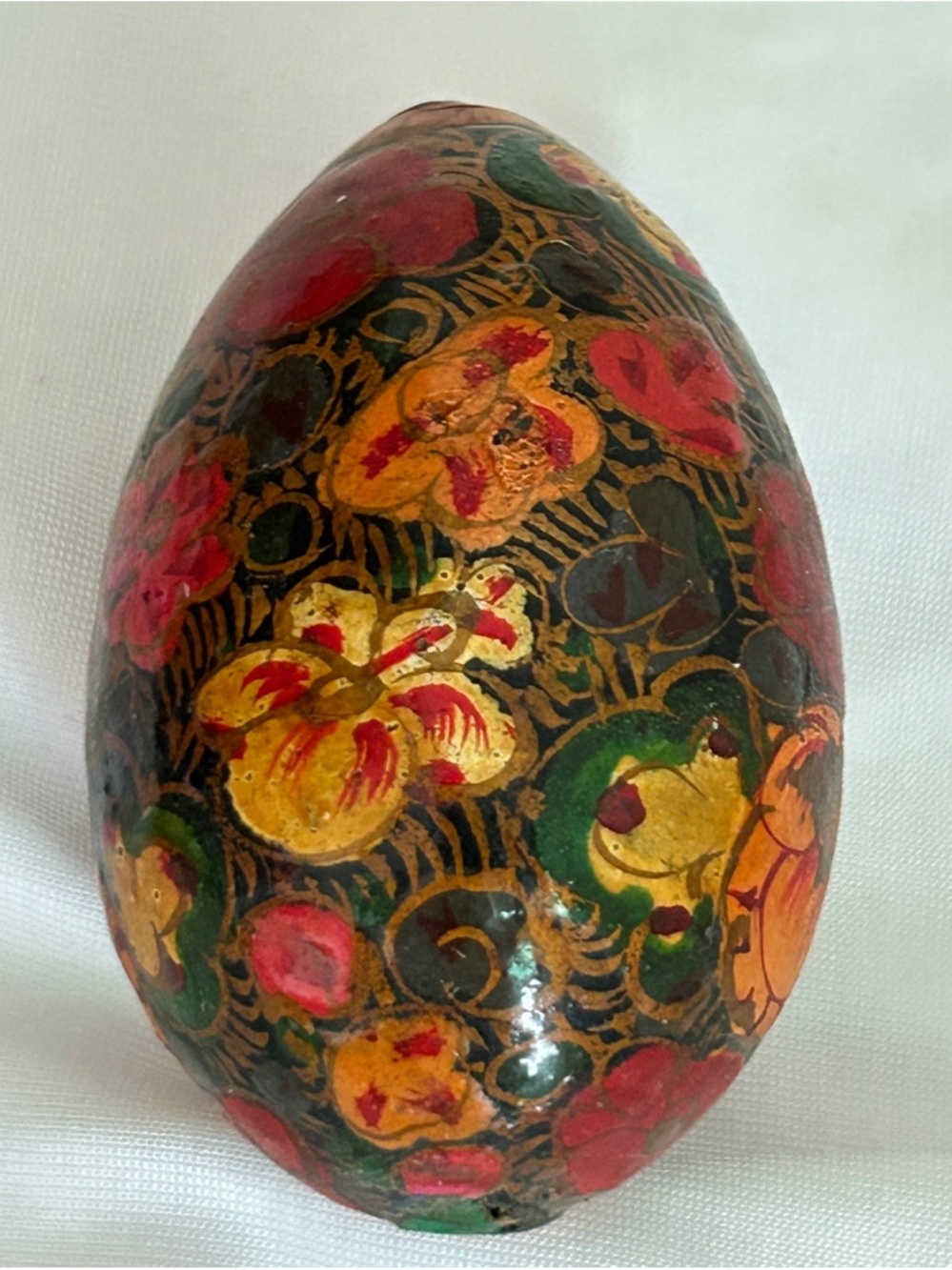 Vintage painted egg figurine red floral art Decorative Russian folk art egg MCM